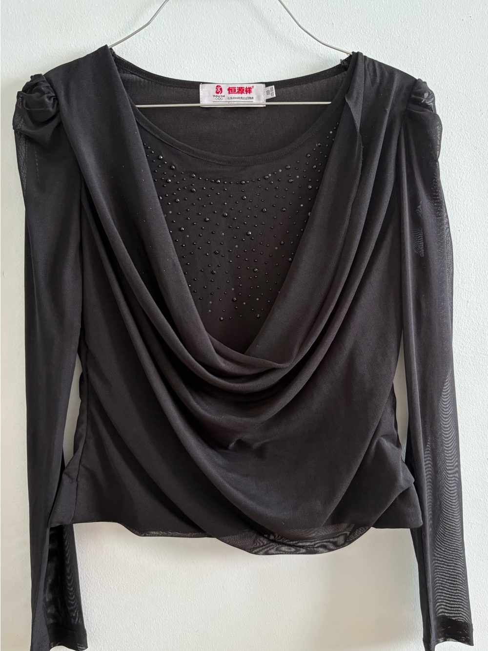 Elegant Black Drape Front Long-Sleeve Top